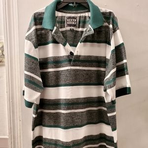 Boys polo Green Grey and white striped x-large